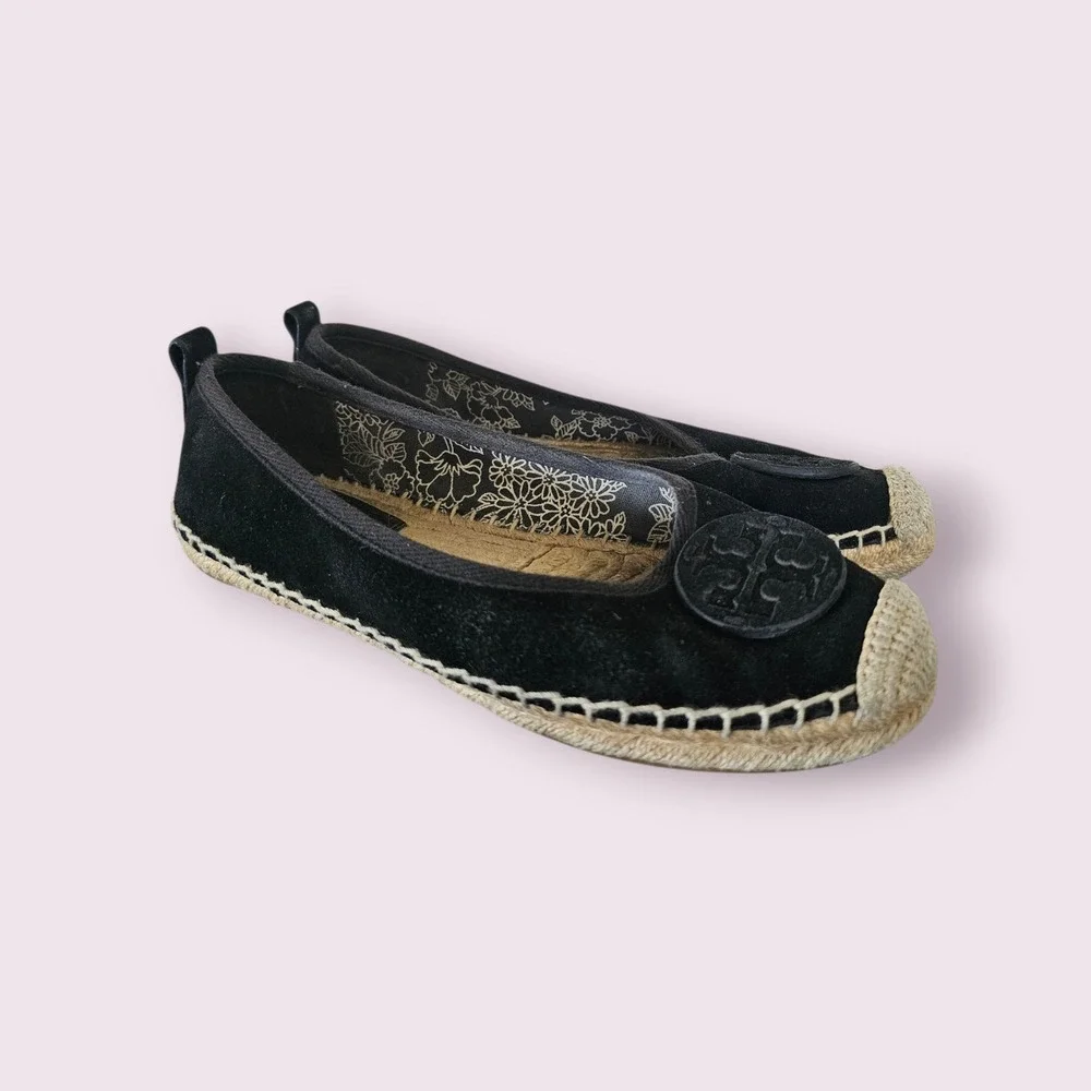 TORY‎ BURCH BLACK SUEDE BOHEMIAN CHIC FLAT CAP TOE ESPADRILLE FLATS SZ 7.5